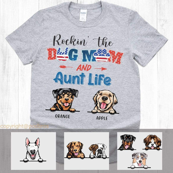 GeckoCustom Personalized Custom T Shirt, Dog Lover Gift, 4th Of July Gift, Rockin The Dog Mom & Aunt Life