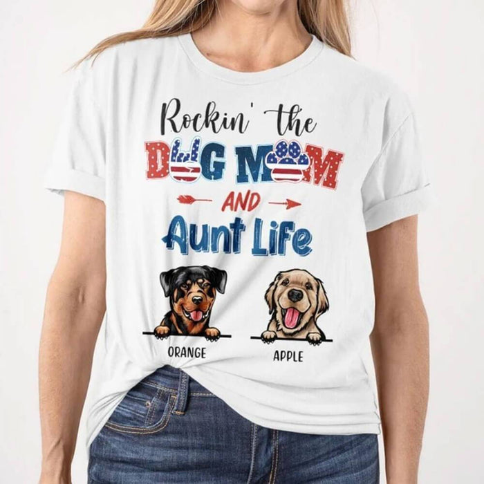 GeckoCustom Personalized Custom T Shirt, Dog Lover Gift, 4th Of July Gift, Rockin The Dog Mom & Aunt Life Unisex T-Shirt / Light Blue / S