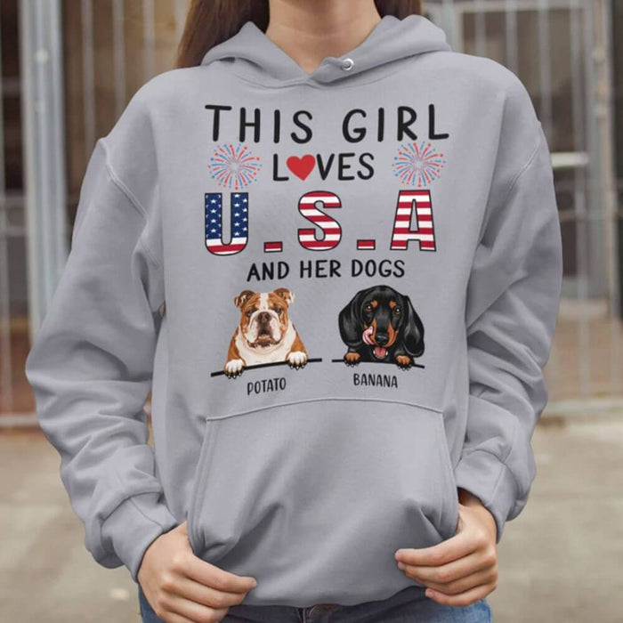 GeckoCustom Personalized Custom T Shirt, Dog Lover Gift, 4th Of July Gift, This Girl Loves USA And Her Dog Pullover Hoodie / Sport Grey Colour / S