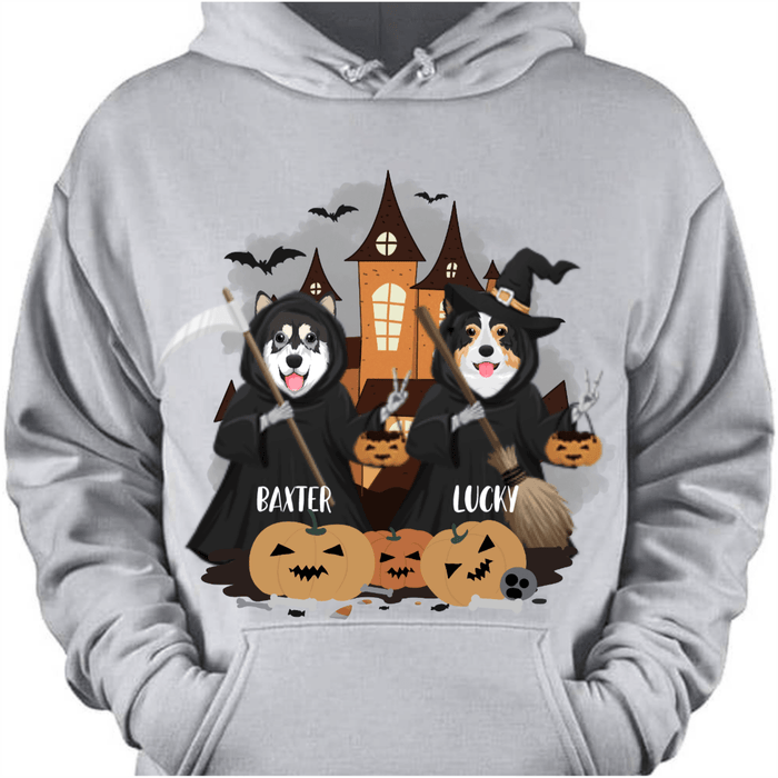 GeckoCustom Personalized Dog Halloween Shirt, Grim Reaper Dog Halloween Style, Gift For Dog Lover Pullover Hoodie / Sport Grey Colour / S