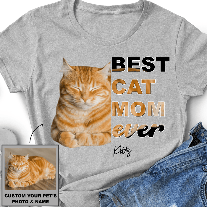 GeckoCustom Personalized Photo Custom Cat Shirt, Gift For Cat Lover, Best Cat Mom Ever Women T Shirt / White / S