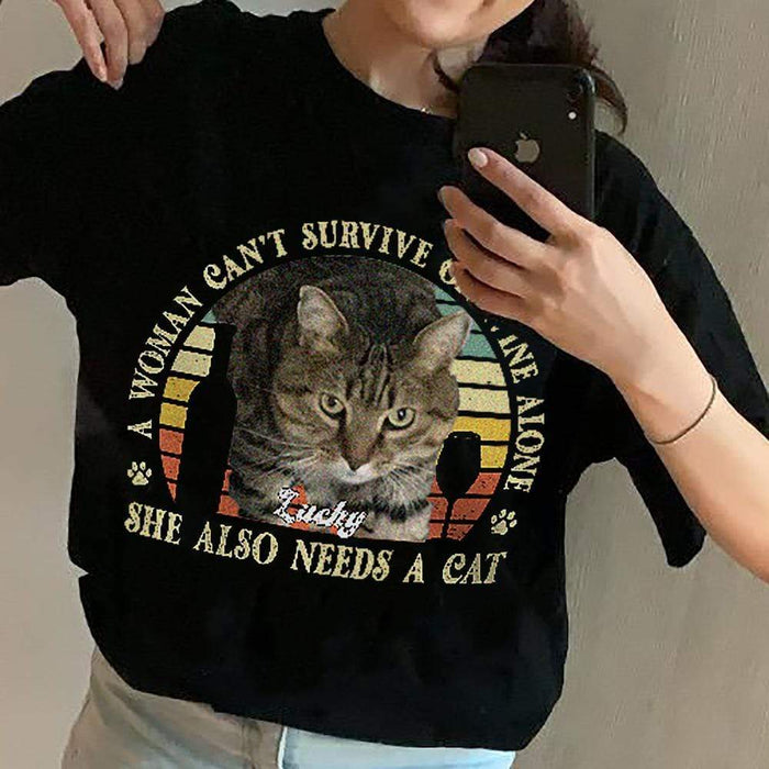 GeckoCustom Personalized Photo Custom Dog/Cat Shirt, A Woman Cannot Survive On Wine Alone Shirt Women T Shirt / Black Color / S