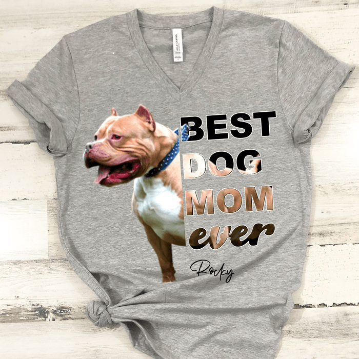 GeckoCustom Personalized Photo Custom Dog Shirt, Gift For Dog Lover, Best Dog Mom Ever Women V-Neck T Shirt / V Sport Grey / S