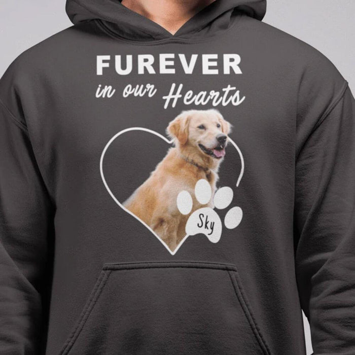 GeckoCustom Personalized Photo Custom Dog Shirt, Gift For Dog Lover, Furever In Our Hearts Pullover Hoodie / Black Colour / S