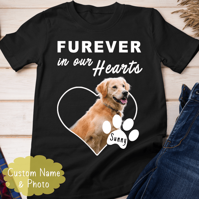 GeckoCustom Personalized Photo Custom Dog Shirt, Gift For Dog Lover, Furever In Our Hearts Unisex T-Shirt / Black / S