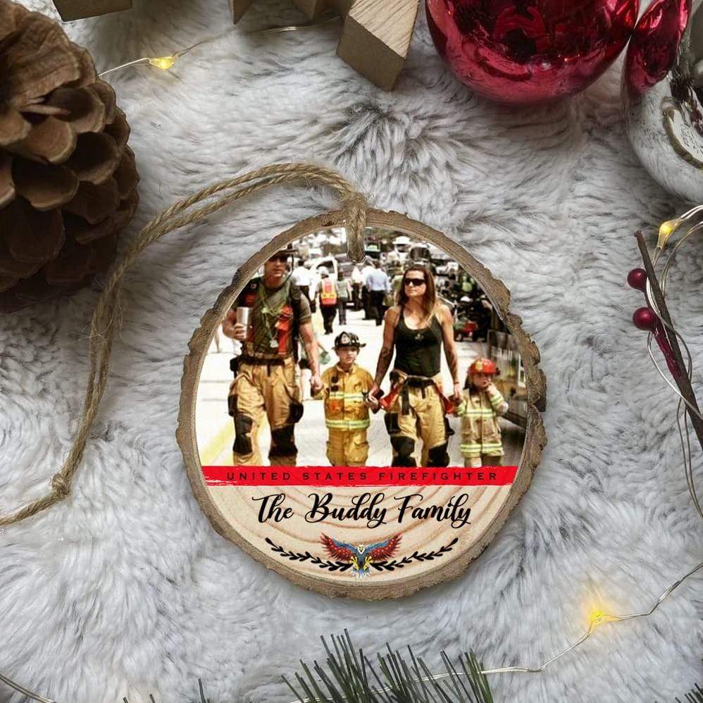 GeckoCustom Personalized photo ornament for U.S Firefighter, Christmas wood slice ornament, HN590 ONE SIDE / 3.2 - 3.5 in / 1 Piece