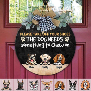 GeckoCustom Please Take Off Your Shoes, Wooden Door Sign With Wreath, Dog Lover Gift, Dog Door Hanger HN590 13.5 inch