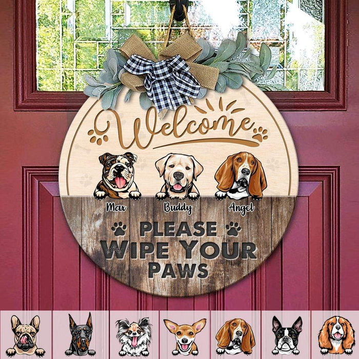 GeckoCustom Please Wipe Your Paws Dog Wooden Door Sign With Wreath, Dog Door Hanger HN590 12 inch