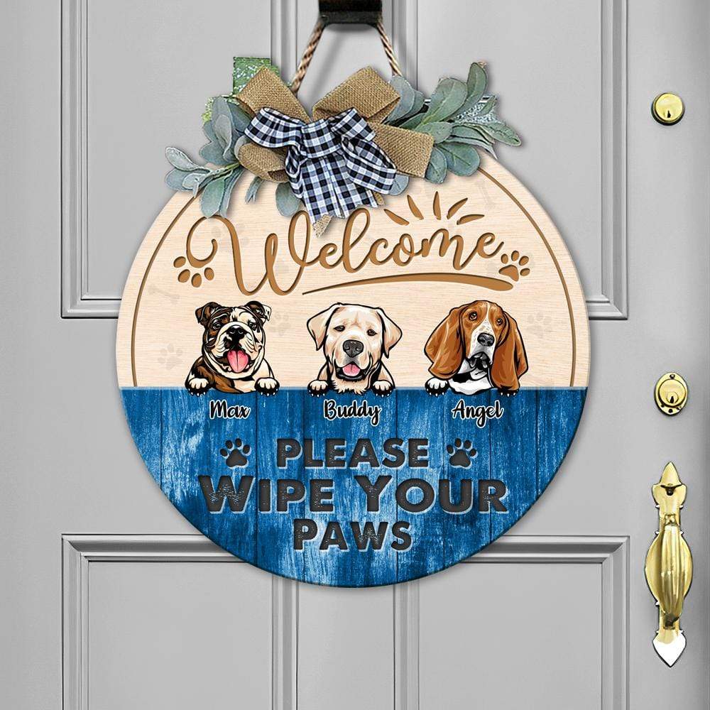 GeckoCustom Please Wipe Your Paws Dog Wooden Door Sign With Wreath, Dog Door Hanger HN590 12 inch