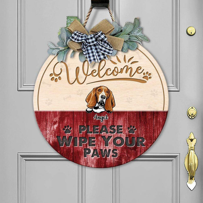 GeckoCustom Please Wipe Your Paws Dog Wooden Door Sign With Wreath, Dog Door Hanger HN590