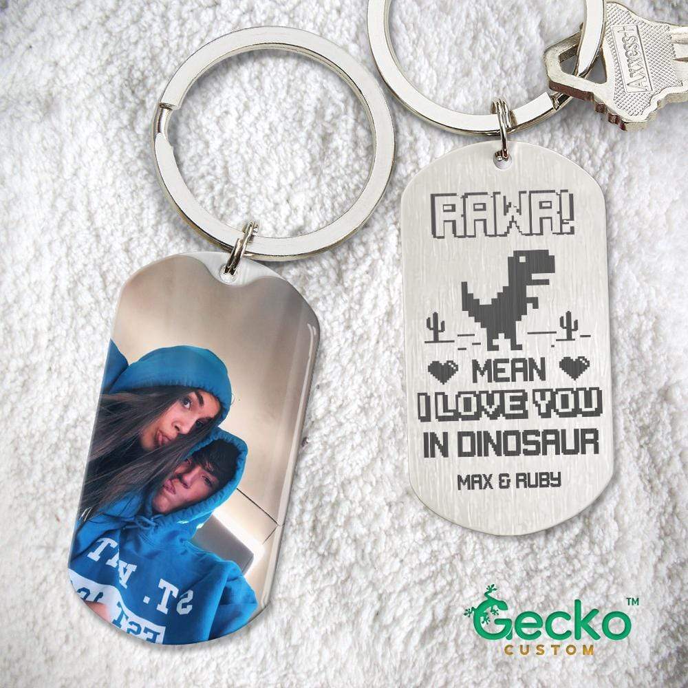 GeckoCustom RAWR Mean I Love You In Dinosaus Couple Metal Keychain, Valentine Gift HN590 No Gift box / 1.77" x 1.06"