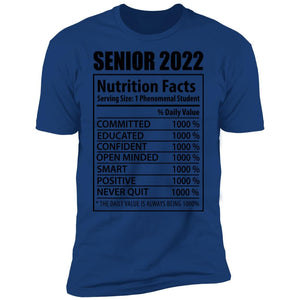GeckoCustom senior 2022 CC Senior 2022 Nutrition Facts NL3600 Premium Short Sleeve T-Shirt / Royal / X-Small