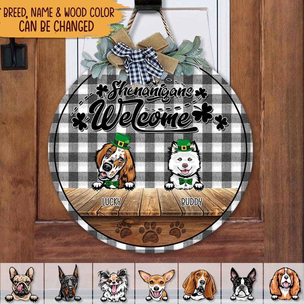 GeckoCustom Shenanigans Welcome St.Patrick's Day Dog Wooden Door Sign With Wreath  HN590 12 inch