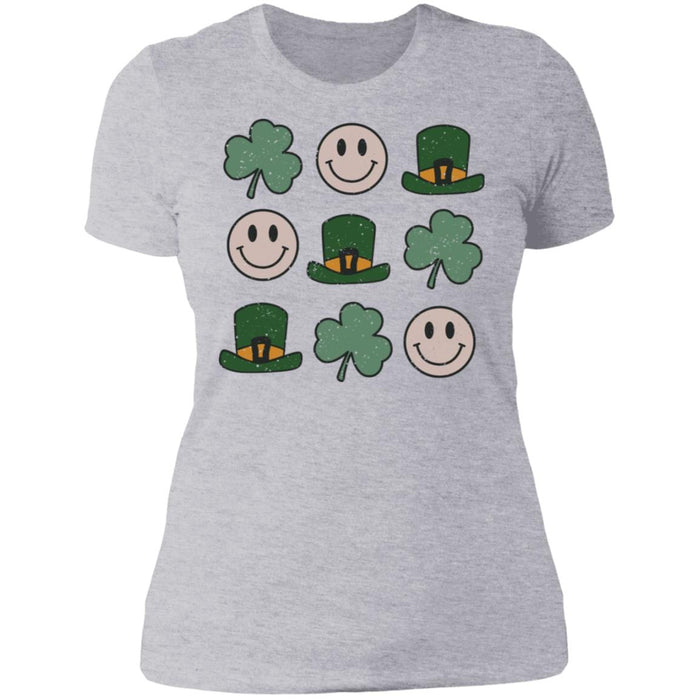 GeckoCustom St Patricks Smiley Shamrock Irish Shirt Women Tee / Heather Grey / X-Small
