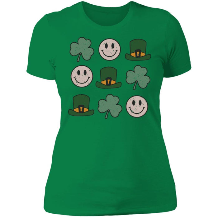 GeckoCustom St Patricks Smiley Shamrock Irish Shirt Women Tee / Kelly Green / X-Small