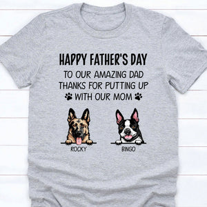 GeckoCustom Thanks For Putting Up With My Mom Personalized Custom Dog Dad Bright Shirt C349 Basic Tee / Sport Grey / S