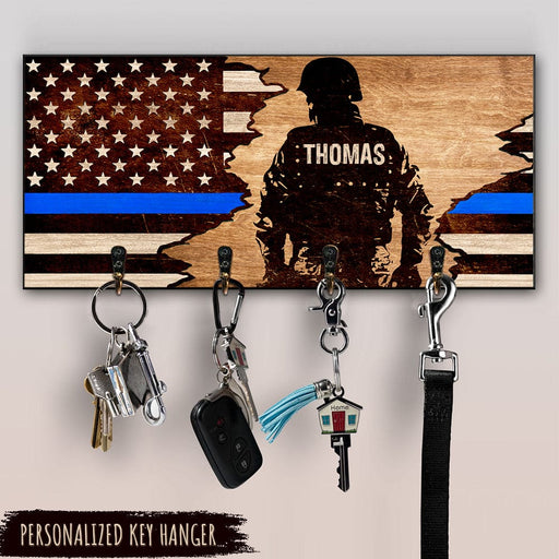 GeckoCustom Thin Blue Line Wood Key Holder, Police gift HN590 6 x 12 inches