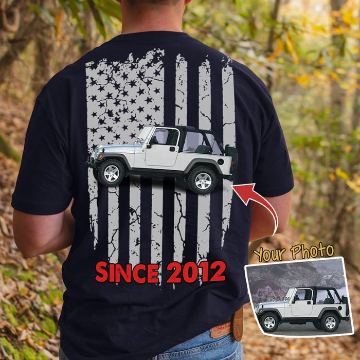 GeckoCustom Upload Car Photo American flag shirt only back HN590 Basic Tee / Black / S