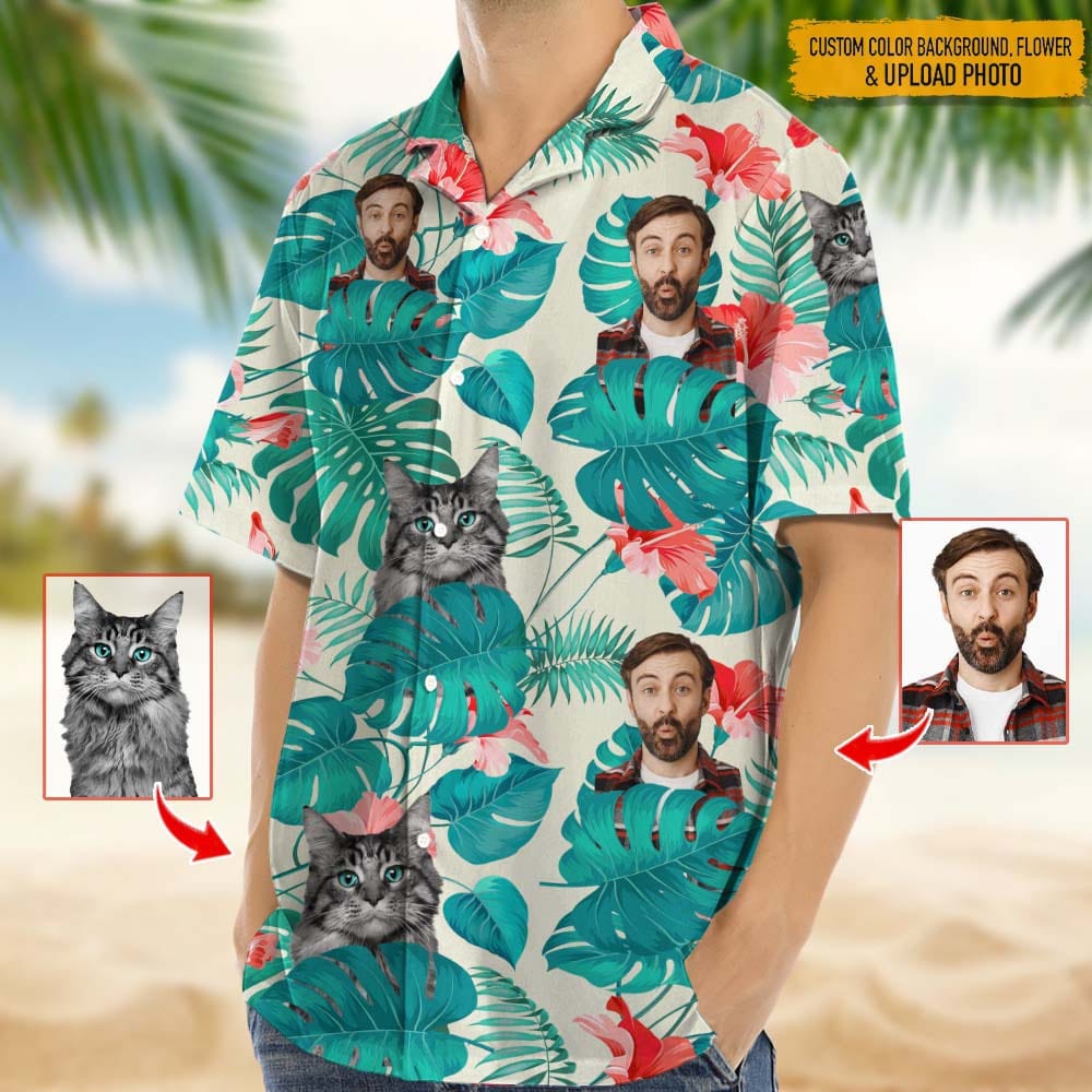 GeckoCustom Upload Cat And Face Photo Hawaiian Shirt, N304 HN590