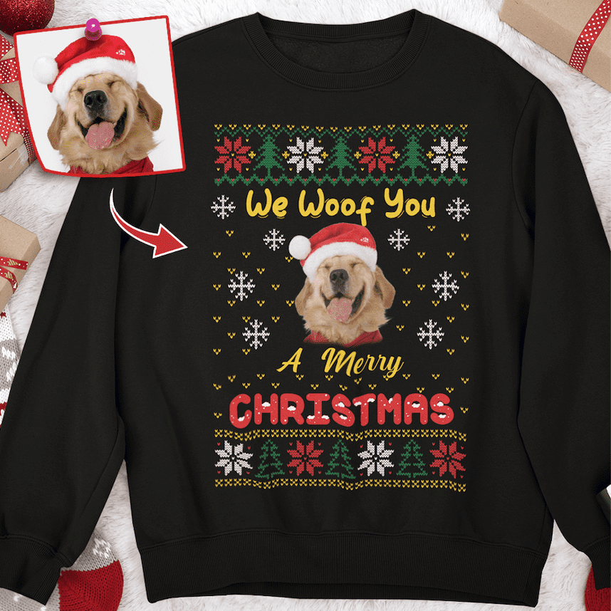 GeckoCustom We Woof You A Merry Christmas Custom Photo T-shirt, Dog Love Gift, Upload Pet Christmas sweatshirt HN590 Basic T-Shirt / Black / S