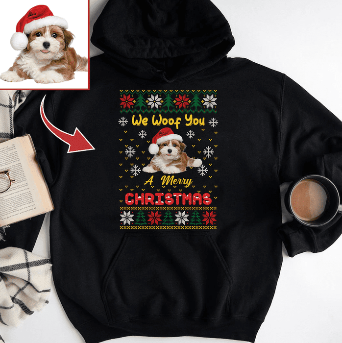 GeckoCustom We Woof You A Merry Christmas Custom Photo T-shirt, Dog Love Gift, Upload Pet Christmas sweatshirt HN590 Pullover Hoodie / Black Color / S