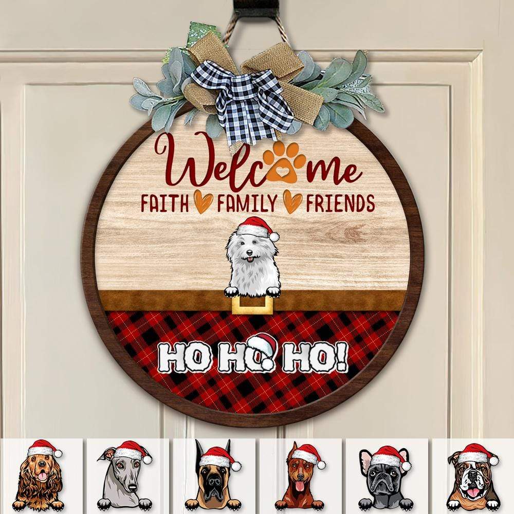 GeckoCustom Welcome Faith Family Friends Dog Wooden Door Sign With Wreath Ho Ho Ho HN590 12 inch