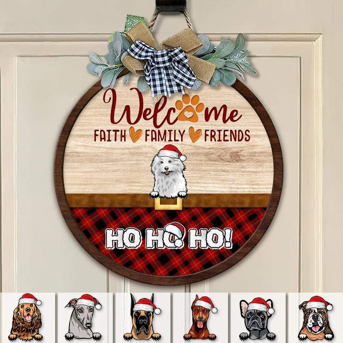 GeckoCustom Welcome Faith Family Friends Dog Wooden Door Sign With Wreath Ho Ho Ho HN590