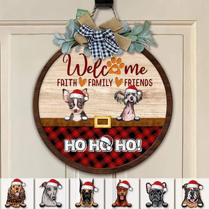 GeckoCustom Welcome Faith Family Friends Dog Wooden Door Sign With Wreath Ho Ho Ho HN590