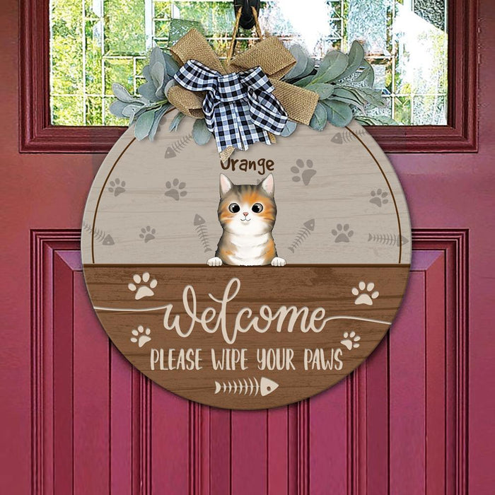 GeckoCustom Welcome Please Wipe Your Paws Cat Wooden Door Sign With Wreath, Cat Lover Gift, Cat Door Hanger HN590 12 Inch