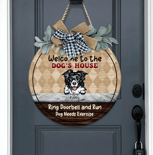 GeckoCustom Welcome Ring Doorbell & Run Dog Wooden Door Sign With Wreath, Dog Lover Gift, Dog Door Hanger HN590 12 Inch
