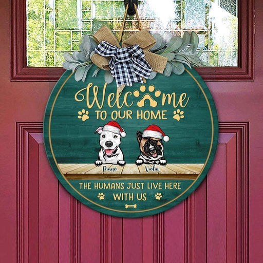 GeckoCustom Welcome The Humans Just Live Here Dog Wooden Door Sign With Wreath, Dog Lover Gift, Dog Door Hanger HN590