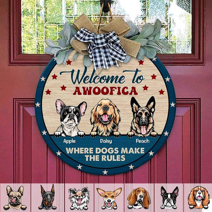 GeckoCustom Welcome To Awoofica Dog Wooden Door Sign With Wreath, Dog Lover Gift, Door Hanger HN590 12 Inch