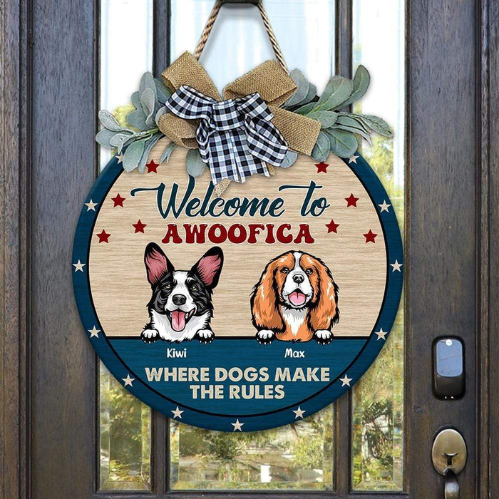 GeckoCustom Welcome To Awoofica Dog Wooden Door Sign With Wreath, Dog Lover Gift, Door Hanger HN590 12 Inch