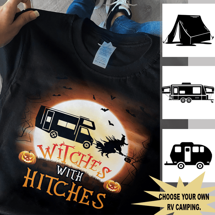 GeckoCustom Witches With Hitches Halloween RV Camping Moon Shirt Unisex T Shirt / Orange / S