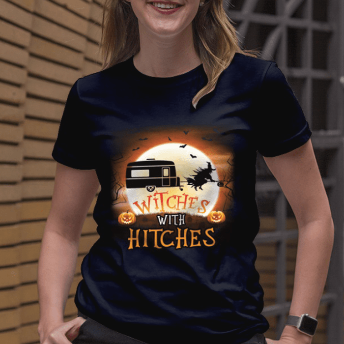 GeckoCustom Witches With Hitches Halloween RV Camping Moon Shirt Women T Shirt / Sport Grey Color / S