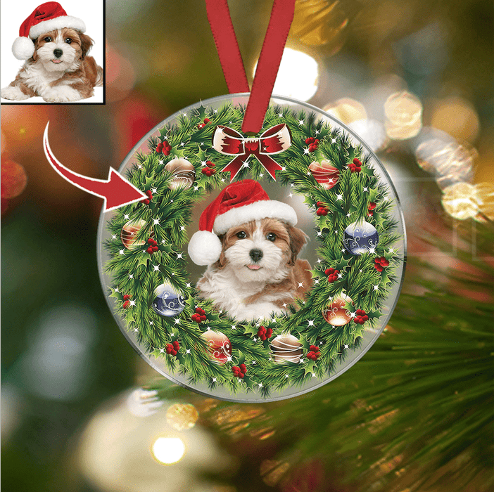 GeckoCustom Wreath Christmas Transperant Dog Hanging Ornament, Upload Photo/Custom Clipart HN590 3.3 inches / Acrylic