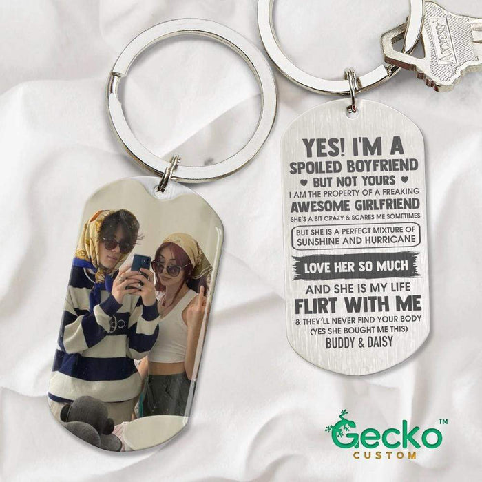GeckoCustom Yes I'm A Spoiled Boyfriend But Not Yours Couple Metal Keychain, Valentine Gift HN590